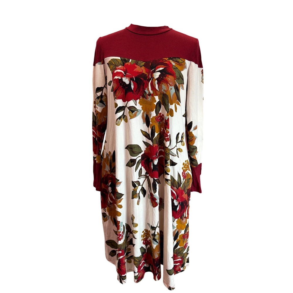 Reborn J Womens Floral Mock Neck Long Sleeve Shift Dress Burgundy Cream Medium